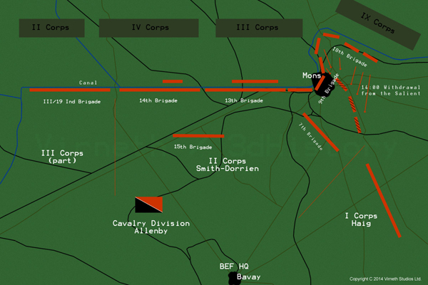 At Mons four Corps of the German First Army suffered serious casualties from the rapid rifle fire of 3 divisions of the British Expeditionary Force.