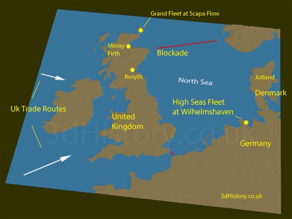 The North Sea was blockaded by the Royal Navy to prevent merchant ships reaching Germany