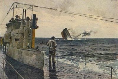 A U-Boat crew watches its victim slip beneath the waves