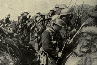 Canadian troops fix bayonets in the trencehs bfore going over the top