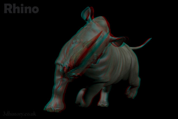 3D Anaglyph - A Rhino is a large African mammal that eats vegitation. Its most prominant chaerteristic is the horn at the front of the head.